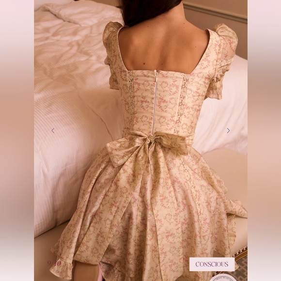 House of cb Melita Cream Floral Print Chiffon Puff Sleeve Mini Dress - Picture 3 of 5